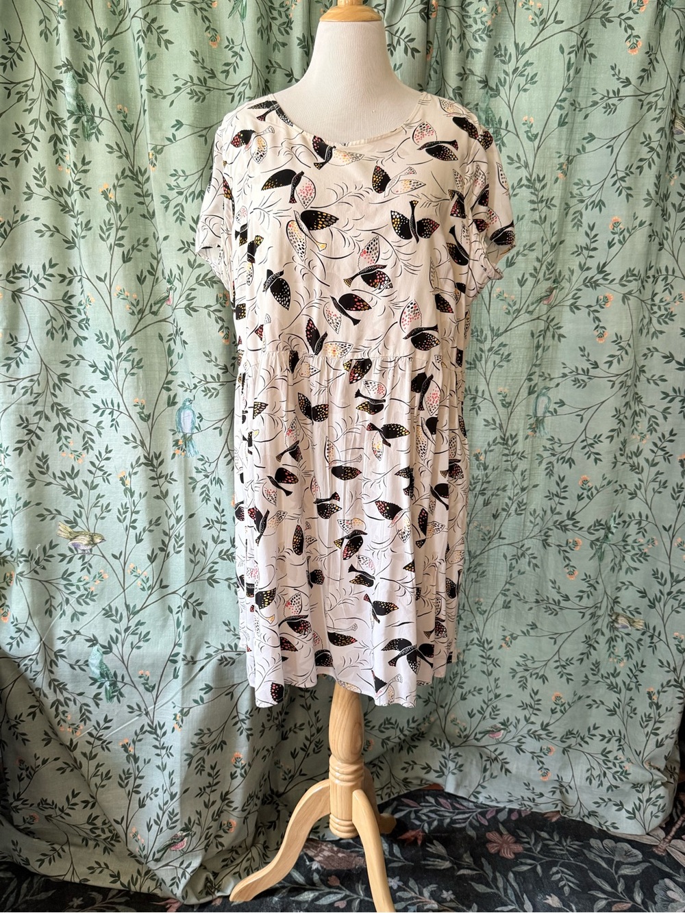 Old Navy White Mini Dress with Black and Pink Leaf Print